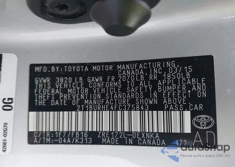 2015 Toyota Corolla Le из США, поврежденный, VIN 2T1BURHE4FC375843